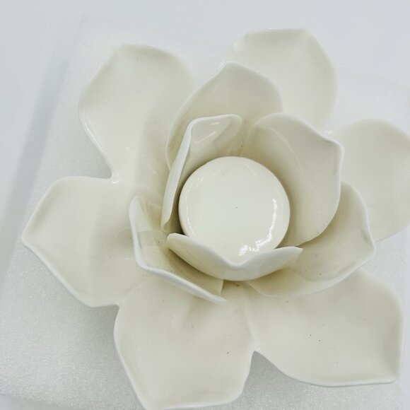 Two's Company Ceramic Tea Light Candle Holder Lotus Flower White 3"H x 6"W - Picture 4 of 8